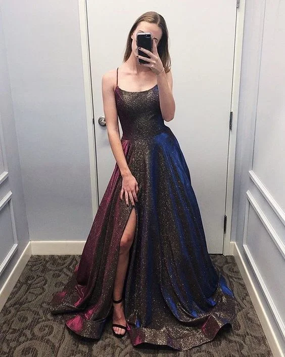 Women's Date Night Outfit Fashion Sparkly Ball Gown Scoop Spaghetti Straps Slit Prom Dresses   cg6211