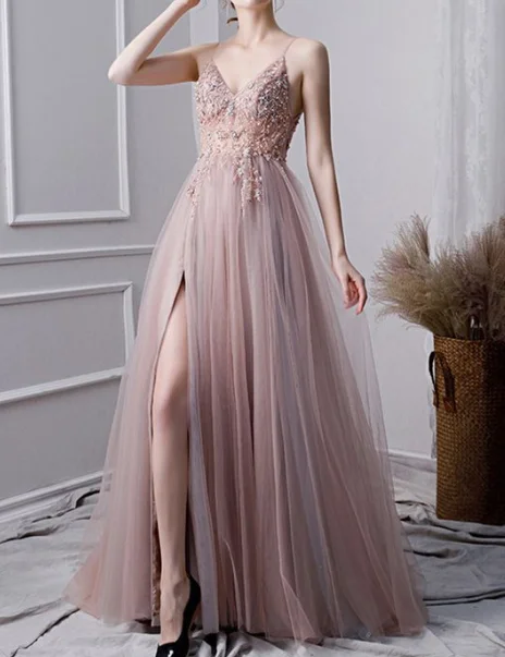 Women's Transitional Attire tulle prom long dress leg split beaded v neck formal gown cg5102