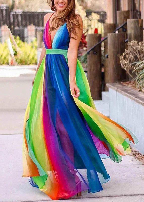 Women's Occasion Wear Apparel Feminine Soft - Hued Styles Bohemian Rainbow V Neck Backless Chiffon Spaghetti Strap Dress Sleeveless