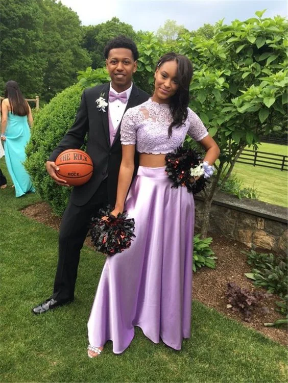 Women's Vacation Outfit Set Purple Prom Dress with Lace,Two Pieces Prom Dress with Short Sleeve,Long Formal Party Gown  cg6293