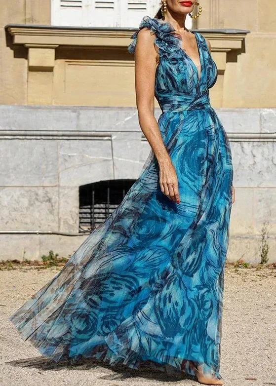 Women's Clothes And Apparel Sets Score Big on Glamorous Red - Carpet Styles New Blue V Neck Print High Waist Chiffon Dresses Sleeveless