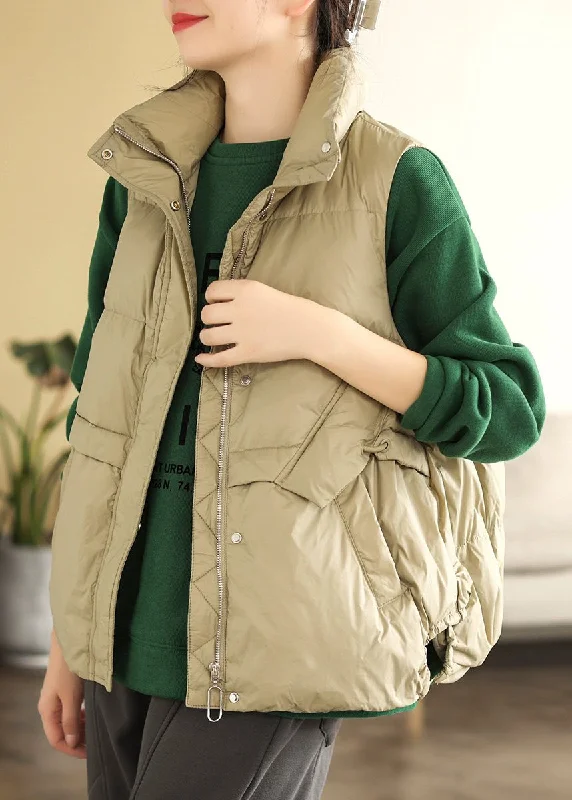 Vintage Clothing For Women Nordic Minimalist Home Look Stylish Khaki Zip Up Patchwork Fine Cotton Filled Vest Sleeveless