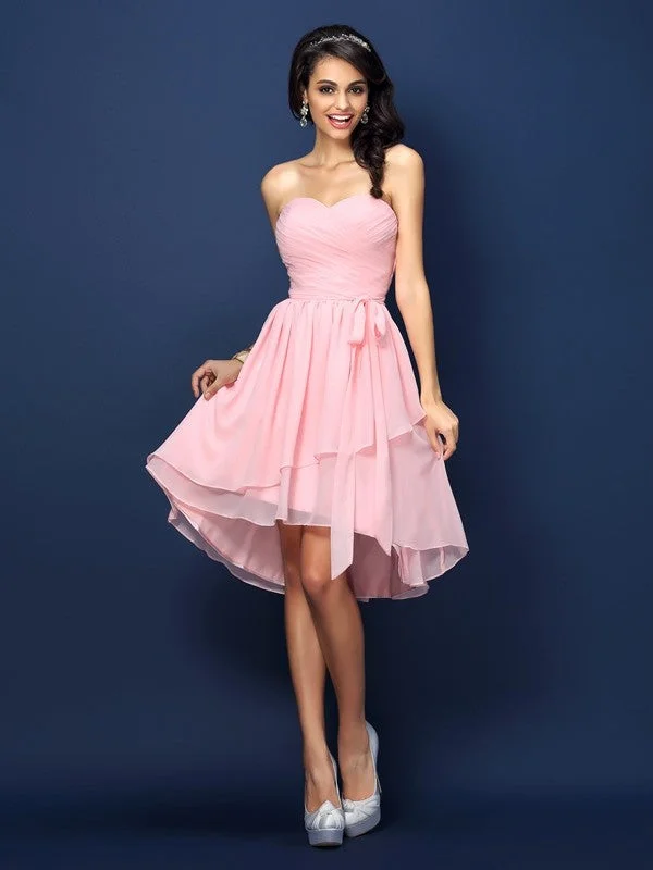 Women's Professional Garments Graceful Movement A-Line/Princess Sweetheart Pleats Bowknot Sleeveless Short Chiffon Bridesmaid Dresses