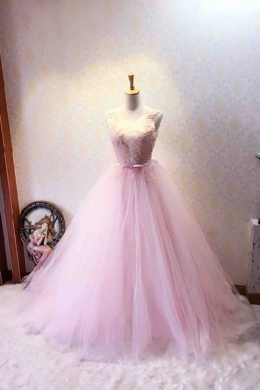 Formal Attire For Women Pink tulle round neck see-through lace applique sequins ball gown prom dresses  cg5811