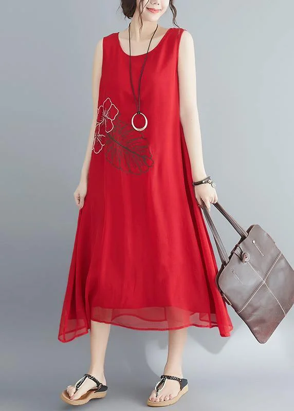 Women's Elegant Garments Modern Romance Buy red cotton blended Robes Women Shirts Sleeveless embroidery long Summer Dress