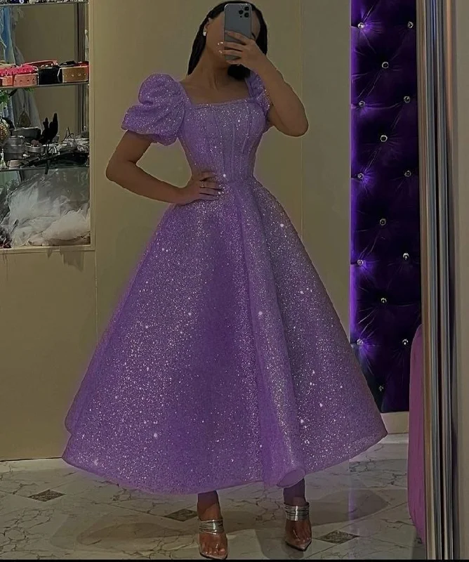 Women's Outfit Spring Fling Sale Vintage Ball Gown Square Neckline Lilac Sequin Evening Dress Prom Dresses C3696