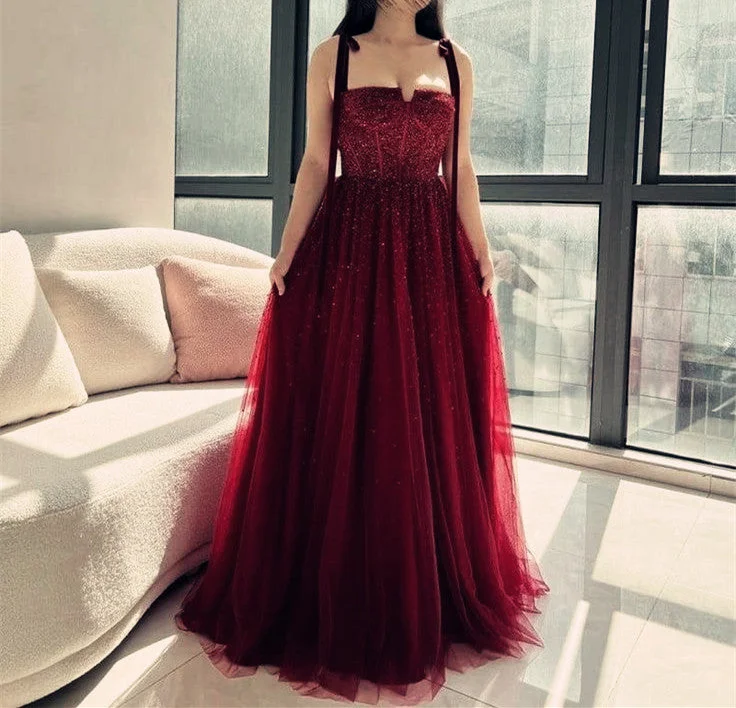 Stylish Women's Outfit Beat the Heat in Tropical Styles Vintage Ball Gown Straps Red Tulle Beading Long Evening Dress Prom Dresses C3693