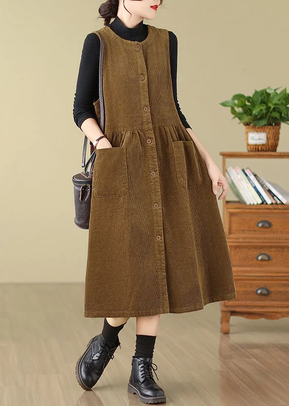 Women's Elegant Clothes Vintage Elegance New Khaki Button Wrinkled Corduroy Waistcoat Dress Sleeveless