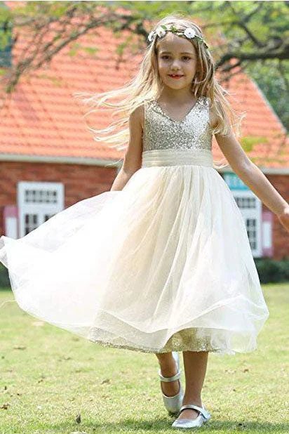 Timeless Women's Outfit Feminine Flow Cute V-Neck Sequins Empire Tulle Sleeveless Flower Girl Dresses Child Dresses F066