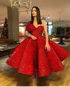 Women's Urban Clothing Sparkling Red Sequin Ball Gown Prom Dresses with One Shoulder Tea Length Puffy  cg6916