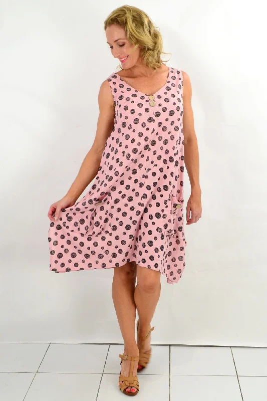 Women's Everyday Apparel Save on Classic Elegant Styles Pink Happy Black Dots Sleeveless Tunic Dress