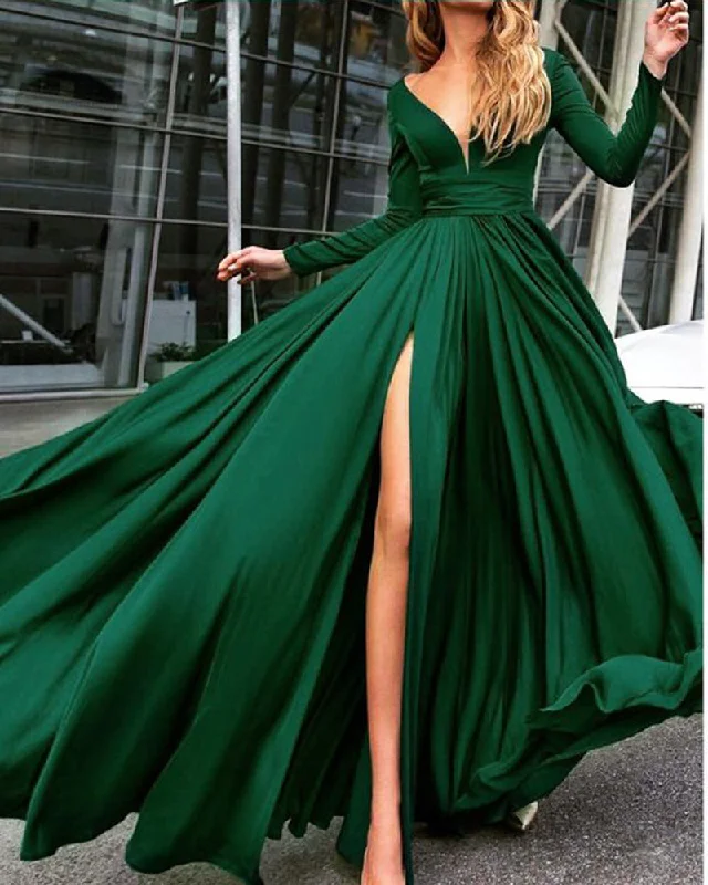 Luxury Women's Clothing Nordic Minimalist Home Look LP3375 Silk  Long Sleeved Evening Prom Dresses 2022 V neck Formal Gown