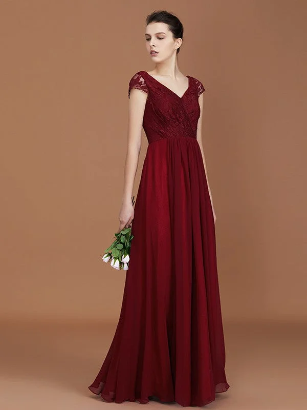 Women's Relaxed Clothes Subtle Sophistication A-Line/Princess Lace Short Sleeves Chiffon Ruched V-neck Floor-Length Bridesmaid Dresses