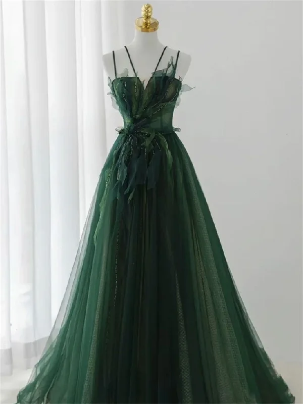 Women's Occasion Wear Clothing Luxe Layering Ball Gown Spaghetti Straps Floor Length Dark Green Long Prom Dresses B008