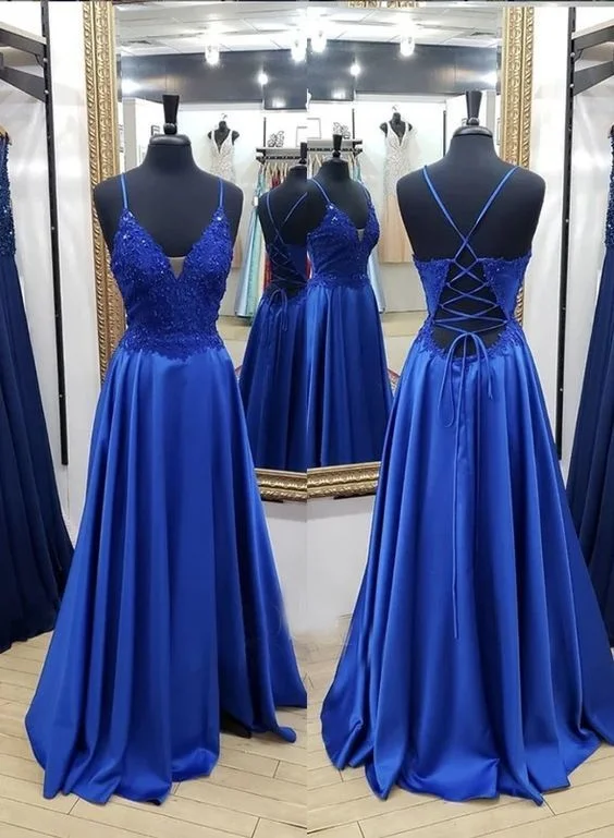 Women's Elegant Clothing Sets Vintage Retro Party Wear Royal Blue Satin Lace Long A Line Prom Dress   cg13221