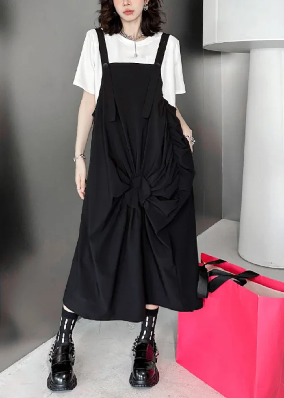 Women's Travel Apparel Great Prices on Feminine Styles Casual Black Wrinkled Pockets Patchwork Cotton Long Dresses Sleeveless