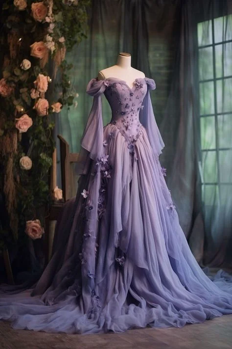 Women's Transitional Clothes Feminine Charm Vintage Ball Gown Off The Shoulder Tulle Lilac Prom Dresses Long Sleeves Evening Dress C2903