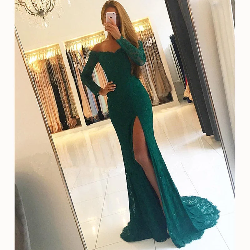 Fashionable Women's Clothing Romantic Date - Night Ensemble LP3352 Dark Green Lace Prom Dress off the Shoulder Formal Long Evening Gown with Sexy Slit fitted formal wear