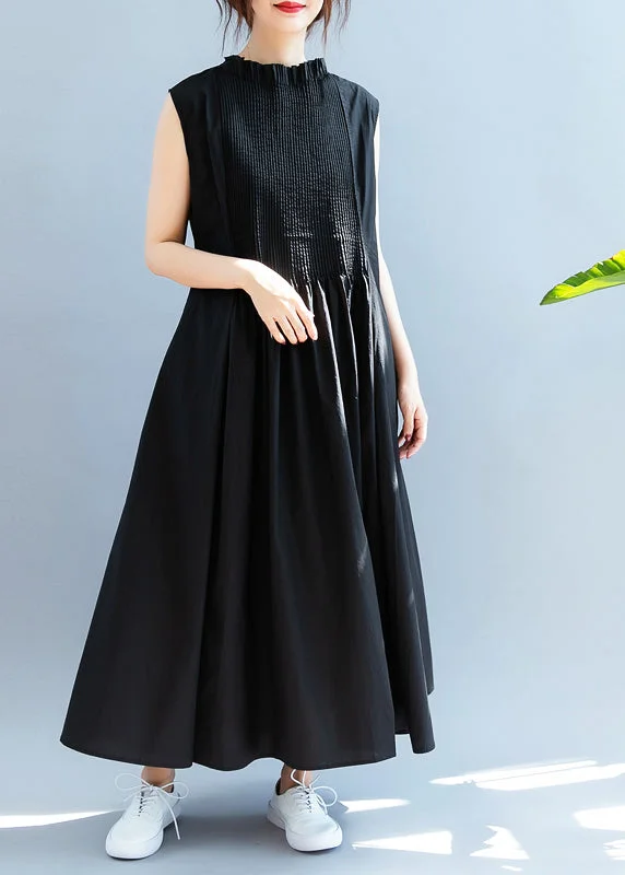 Affordable Women's Clothing Graceful Drape Boutique Black Ruffled wrinkled Cotton Dresses Sleeveless