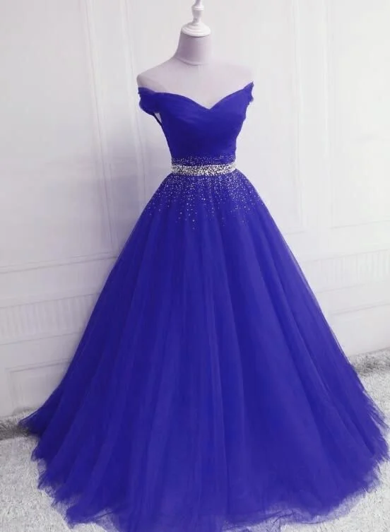 Stylish Women's Garments For Holidays Gorgeous Royal Blue Tulle Off Shoulder Party Gown, Blue Formal prom Dress 2019 cg4235