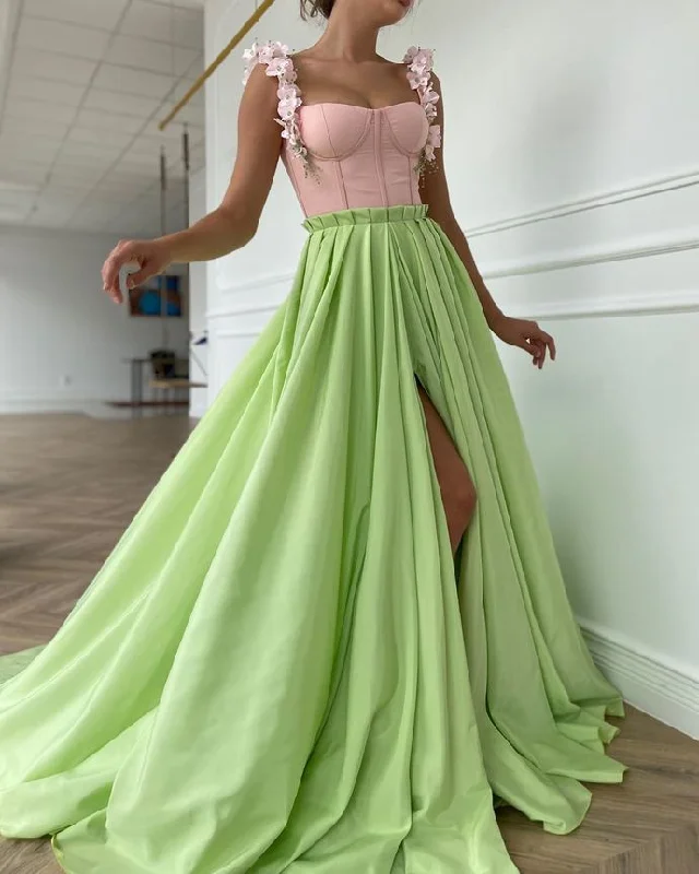 Women's Outerwear Clothing Final Clearance Spring Green Evening Prom Dresses Long Elegant Petals Satin Formal Party Gown with Side Slit   cg12443