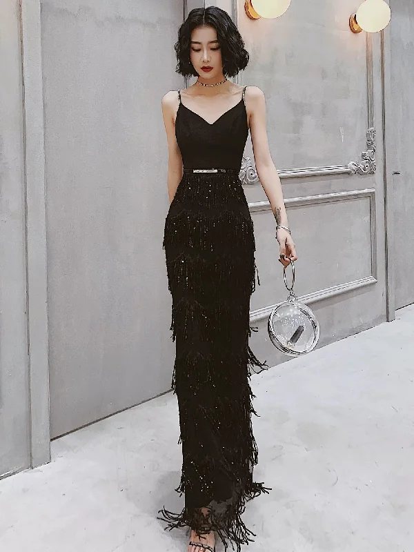 Women's Clothing With Trendy Designs Now on Sale for Chic Urban Styles Modest Sheath Spaghetti Straps Black Sequin Long Prom Dresses Party Gown Evening Dress C3791