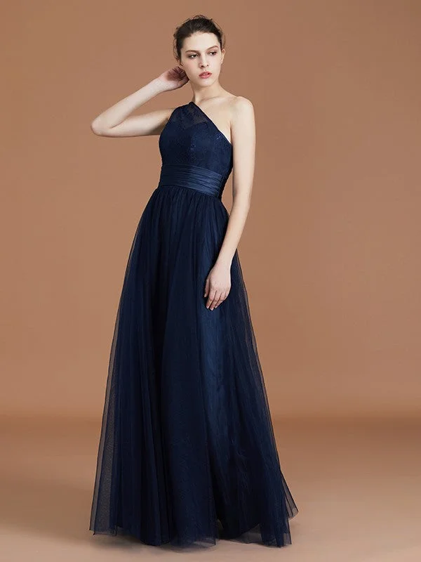 Women's Sporty Clothes Dreamy Aesthetic A-line/Princess One-Shoulder Lace Tulle Sleeveless Floor-Length Bridesmaid Dresses