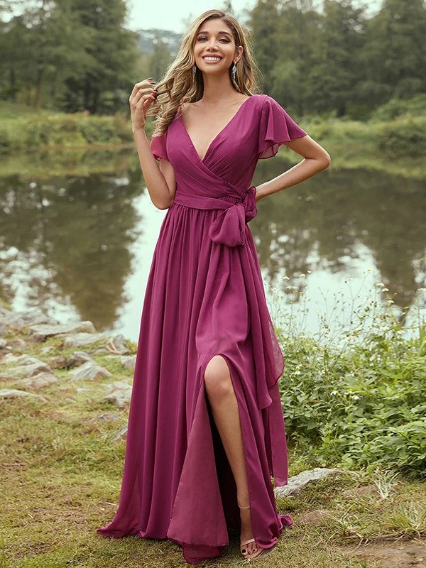 Women's Stylish Vacation Attire Spring Fling Sale A-Line/Princess Chiffon Ruffles V-neck Short Sleeves Floor-Length Bridesmaid Dresses