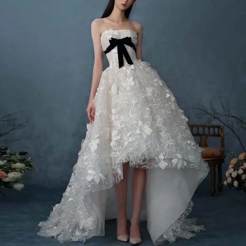 Women's Casual Wear Clothing Clearance Event Strapless Leaf Lace High Low Wedding Dress A-line Bridal Gown