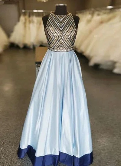 Women's Activewear Outfit Luxury Comfort Baby Blue Satin Beaded Long A Line Prom Dress, Evening Dress   cg8932