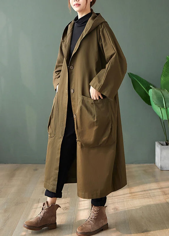 Women's Trendy Garments Playful Elegance Casual Black Hooded Pockets Patchwork Cotton Long Trench Coats Long Sleeve