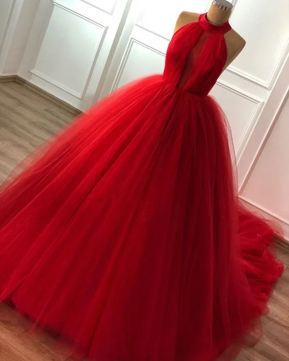 Casual Attire For Women elegant red tulle halter prom ball gown dresses   cg10892