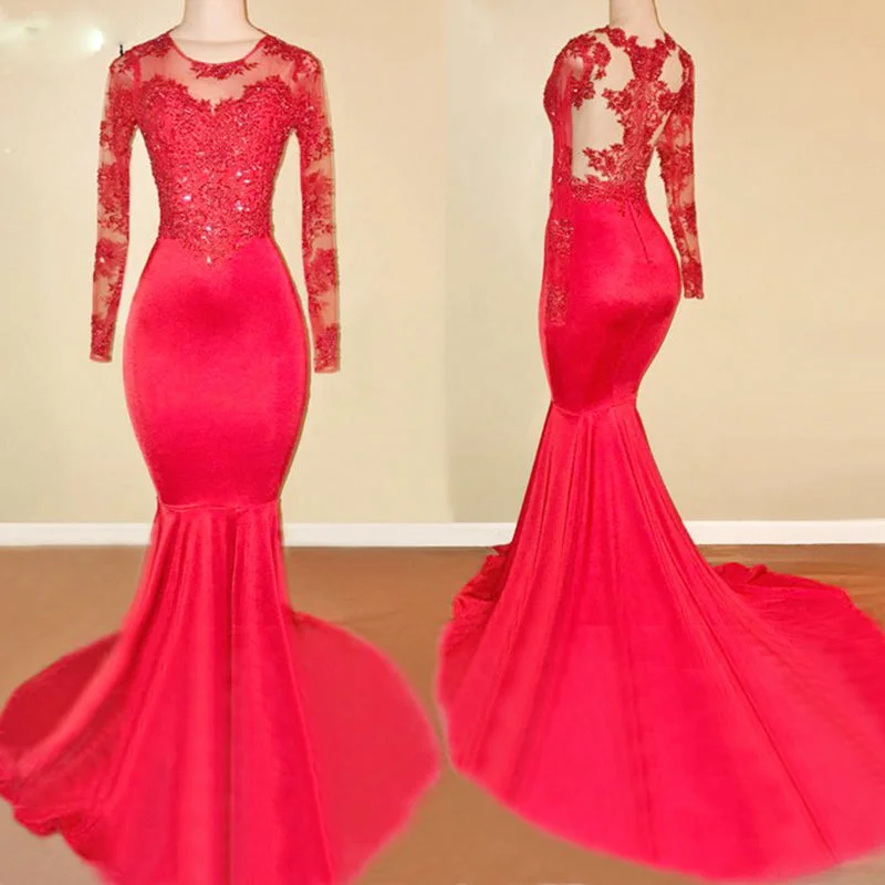 Women's Plus-Size Clothes Winter Warm - Up Sale Sexy Fishtail Red Long Sleeves Dress Evening Formal Gown with lace Appliqued  LP716