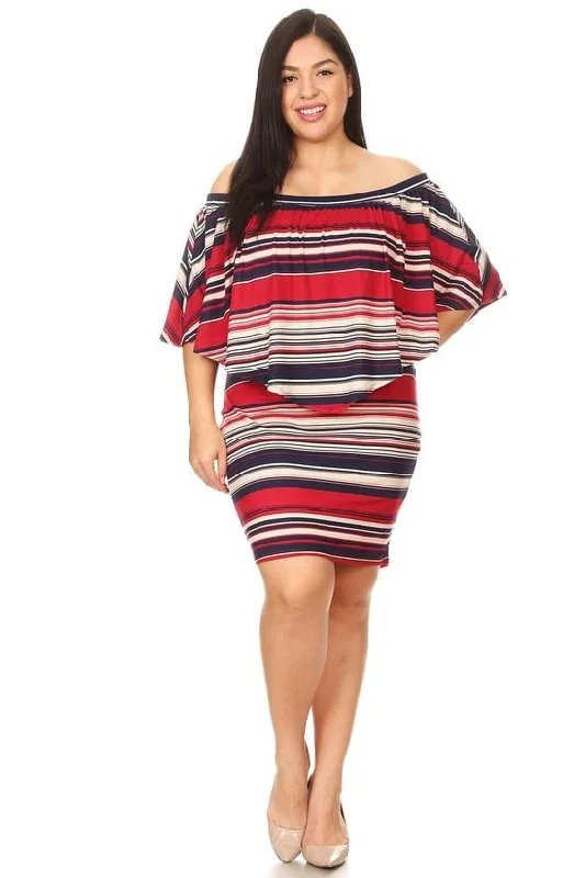 Women's Evening Wear Attire Vibrant Prints Plus Size Off Shoulder Multi Stripe Ruffle overlay bodycon Party Dress