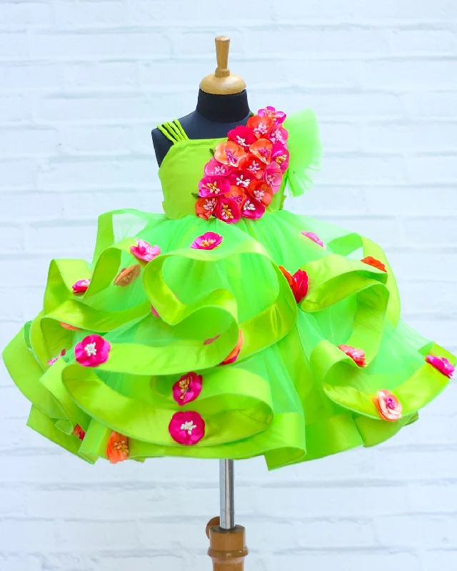 Affordable Women's Apparel Pre-Order: Bright Parrot Green Swirled One Shoulder Gown with Pink & Peach Flower Work