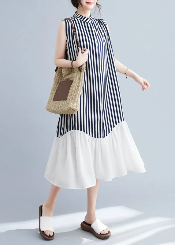 Women's High-Fashion Clothes Modern Romance DIY Navy Stand Collar Patchwork Striped Dresses Sleeveless