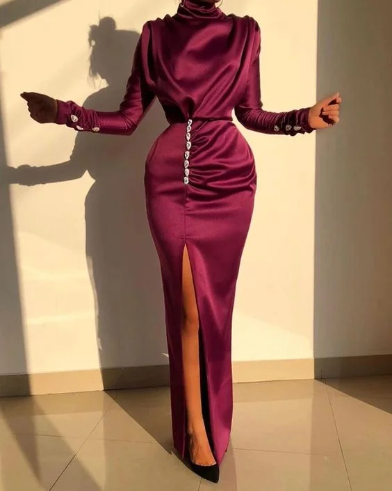 Women's Vacation Clothes Elegant Details Elegant Long Sleeve Satin Dress Women Solid Split High Neck Long Maxi Dress Prom Dresses Long   cg14844