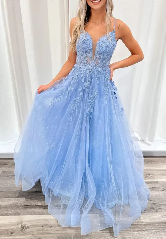 Women's Office Outfit Dreamy Draping Women A-Line Lace Prom Dresses Long V Neck Appliques Evening Gowns Sleeveless Formal Party Dress YPD643