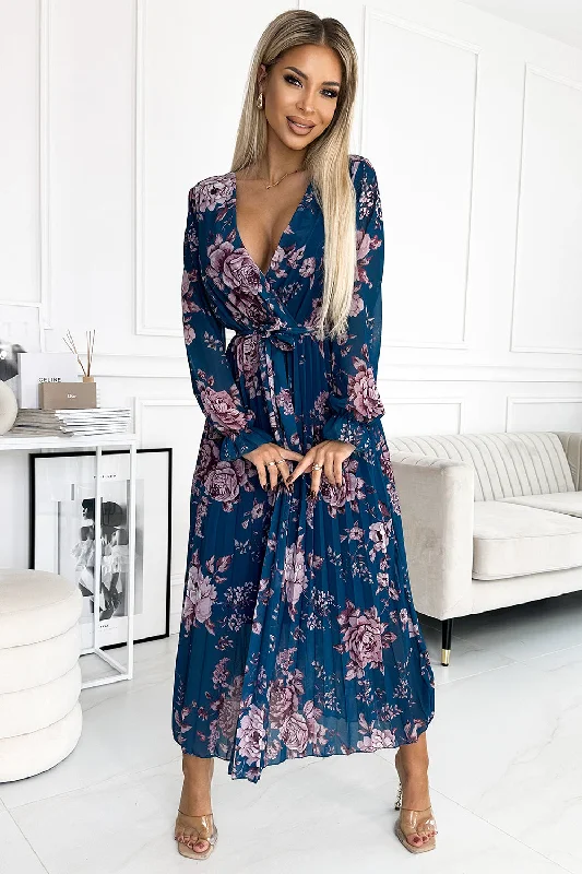 Affordable Women's Clothing Seasonal Trend Pleated chiffon long dress with a neckline; long sleeves and a belt - Blue with flowers