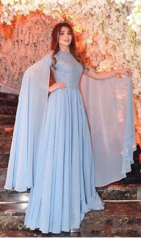 Women's Tops And Clothing A Line Long Sleeve Floor Length Evening Gowns With Beads Chiffon Formal Party prom Gowns  cg7024