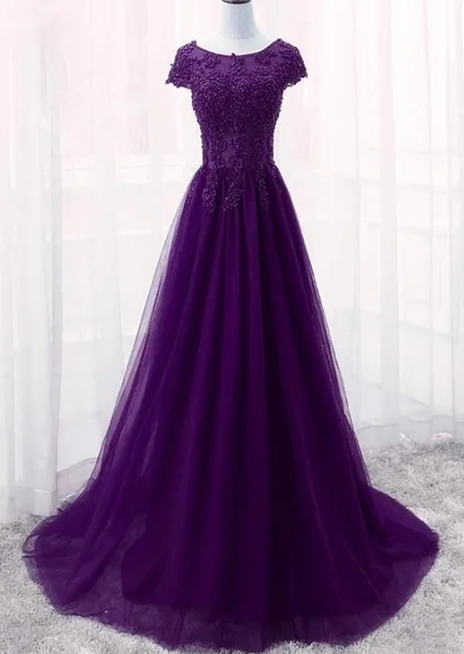 Women's Sporty Clothes Cute Purple Tulle With Lace Applique Long Party Dress, New Prom Gown  cg8164