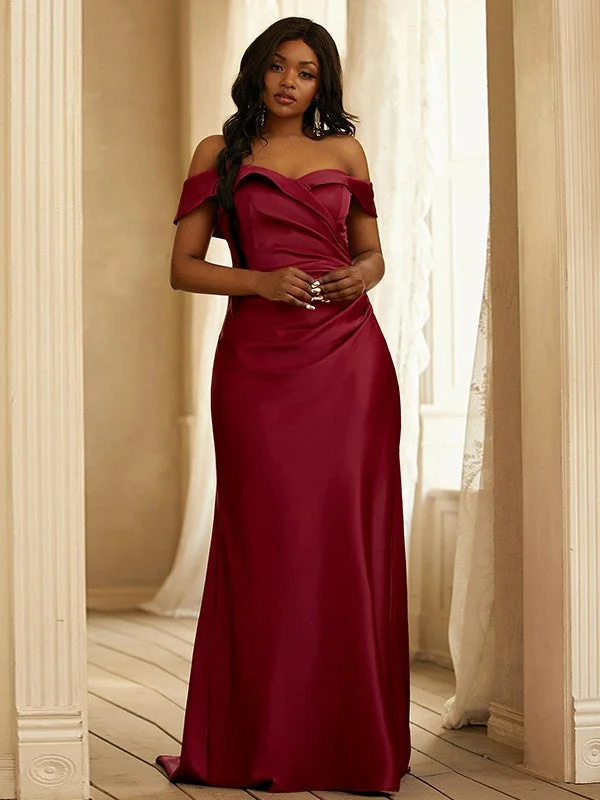 Women's Attire Casual Weekend Relaxed Style Sheath/Column Satin Ruched Off-the-Shoulder Sleeveless Sweep/Brush Train Bridesmaid Dresses