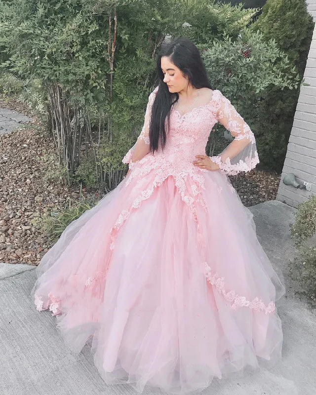 Women's Cozy Winter Attire Princess Tulle Pink Puffy Long Sleeve Ball Gown Prom Dress, Sweet Quinceanera Dress   cg10574