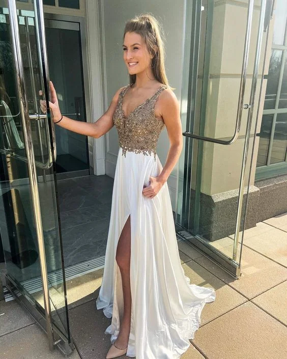 Affordable Fashion Clothing For Women Limited - Time Bundle long deep v-neck satin prom dress with applique   cg11559