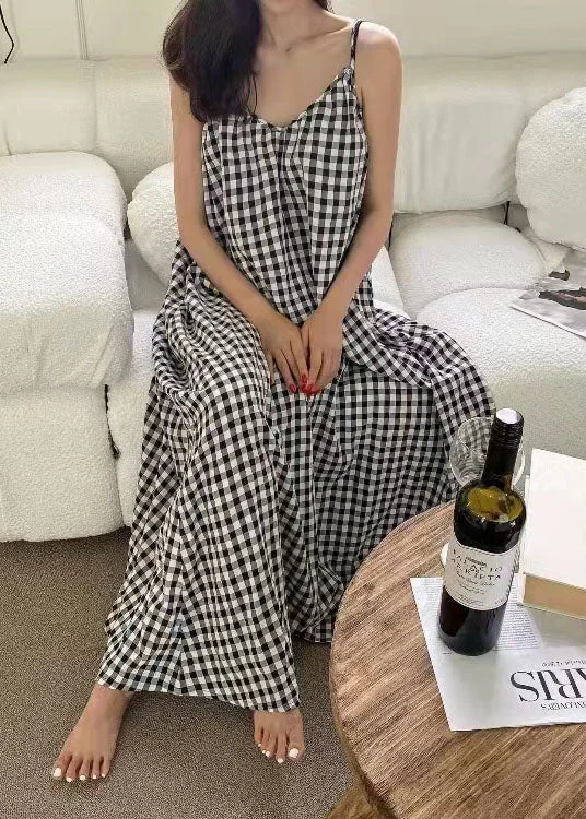 Women's Trendy Clothing Summer Splash Sale Women V Neck Plaid Cotton Spaghetti Strap Dress Sleeveless