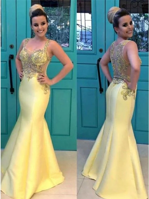 Women's Party Outfit Elegant Details Mermaid Square Neck Floor-Length Yellow Satin Prom Dress with Beading    cg10092