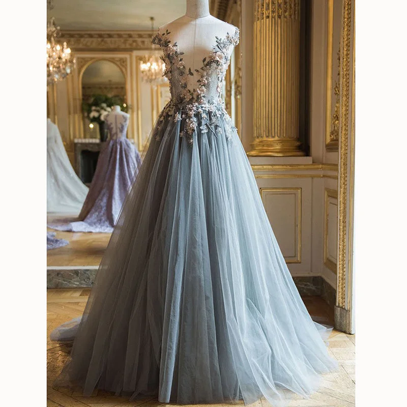 Women's Casual Clothing For Lounging End - of - Month Blowout Long Blue Prom Dresses Tulle with Flowers Evening Party Formal Gown 2018