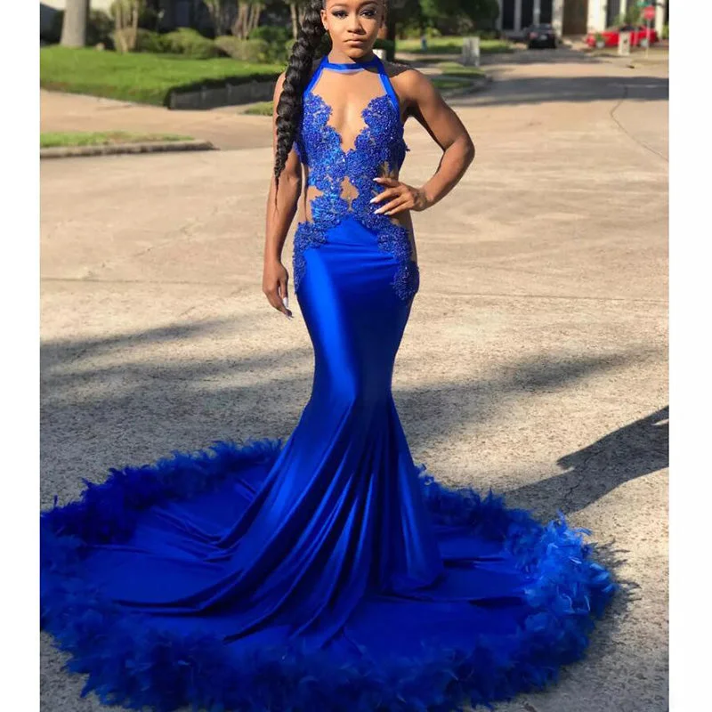 Women's Plus-Size Apparel Nordic Minimalist Home Look Royal Blue Halter Fitted Long Feather Prom Dress 2018 Luxury African Women Evening Gown LP2089