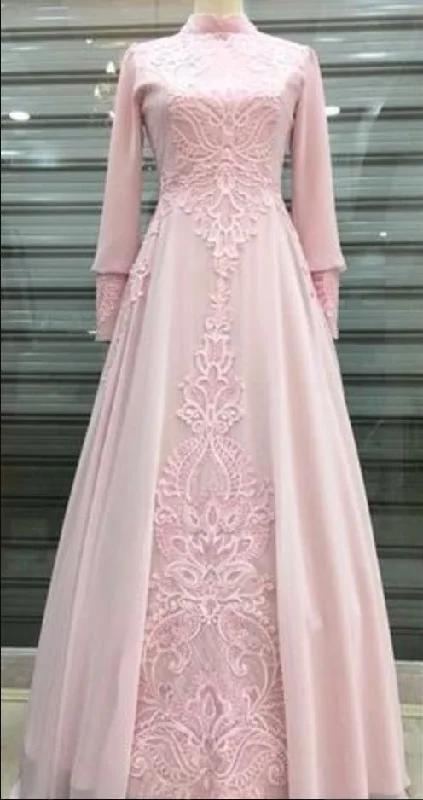 Women's Transitional Clothes pink long sleeve prom gown  cg8064