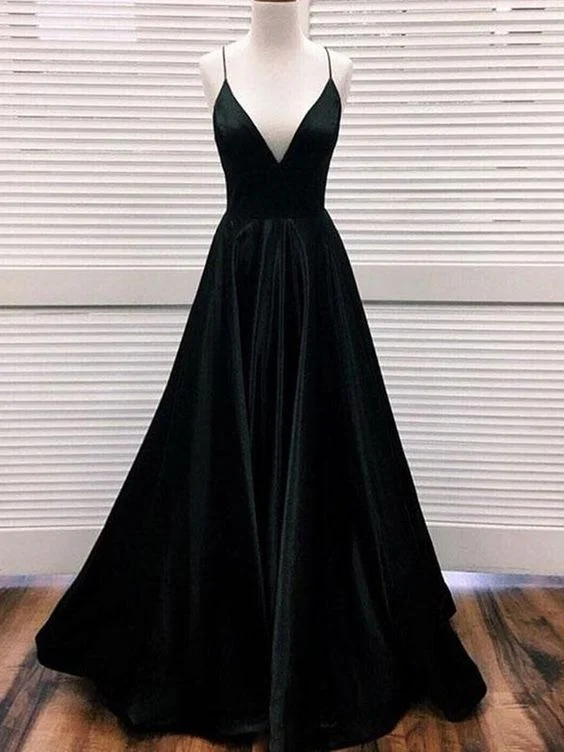 Formal Attire For Women Cottagecore Rustic Charm Style Black v neck satin long prom dress, black evening dress  cg676